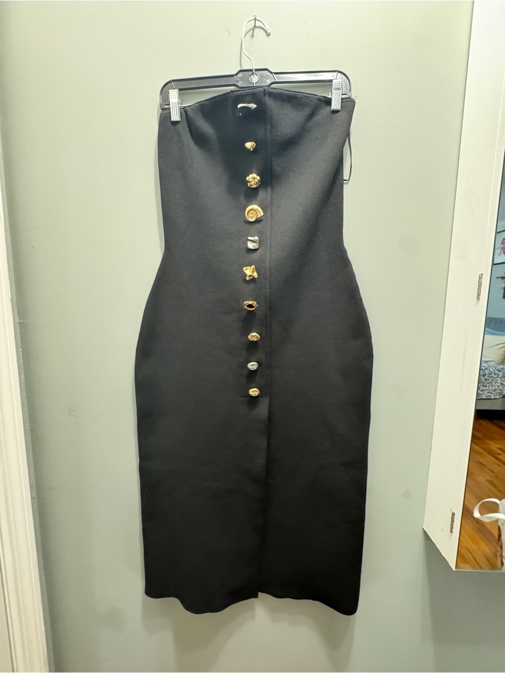 Mango Strapless Black Midi Dress with Mixed Gold Buttons